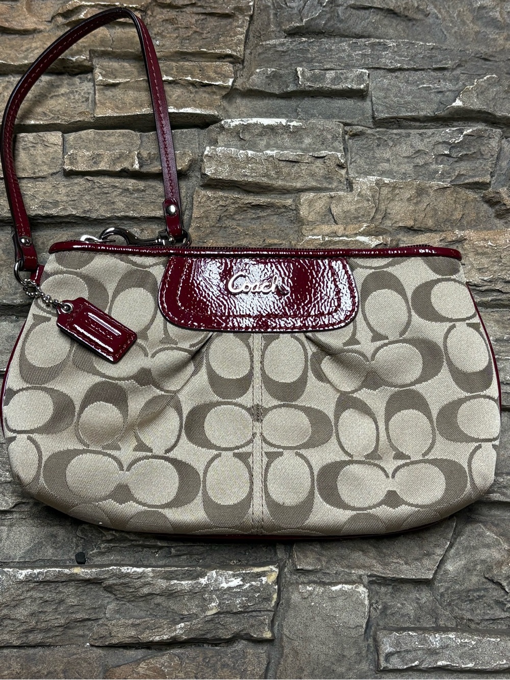 COACH Wristlet Signature Logo C Khaki Beige Jacquard